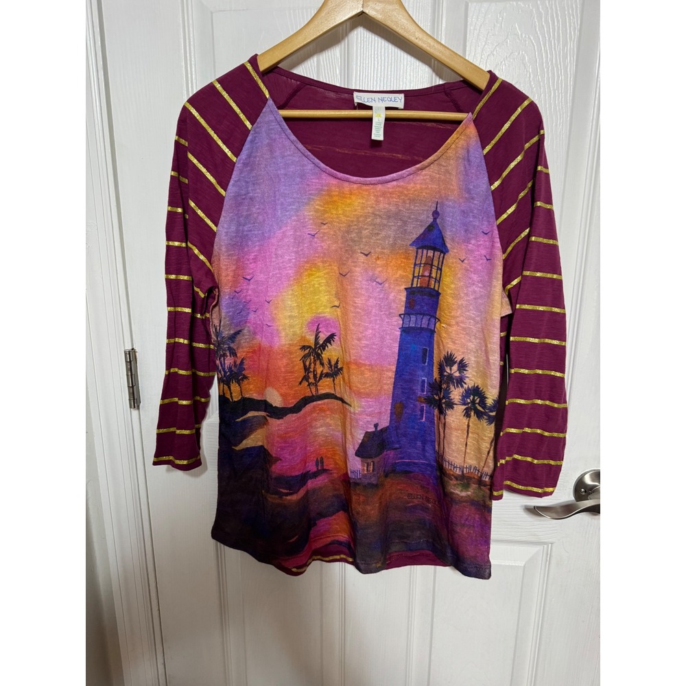 Ellen Negley Art & Sol Lighthouse Sunset Top Purple Gold Stripe L NWT
